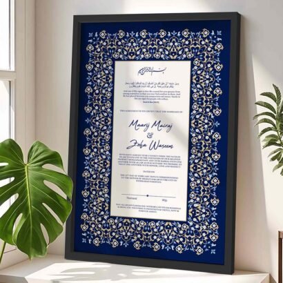 Islamic Wedding Contract Customized Frame - Blue Floral Motifs - Black - The Framers