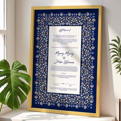 Islamic Wedding Contract Customized Frame - Blue Floral Motifs - Gold - The Framers