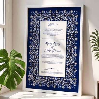 Islamic Wedding Contract Customized Frame - Blue Floral Motifs - White - The Framers