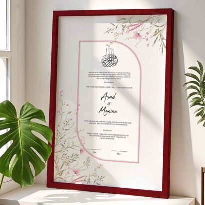 Personalized Muslim Wedding Gift Minimal Nikkah Certificate Frame - Maroon - the Framers