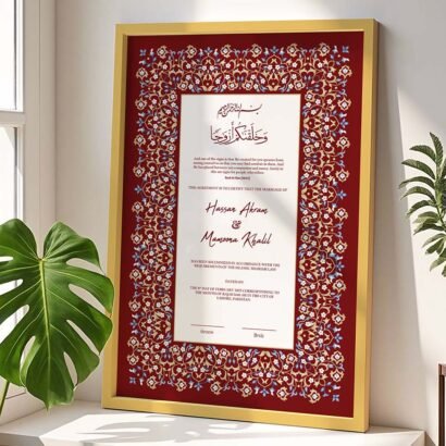 Customized Wedding Contract Nikah Frame Design - Red - Gold - The Framers