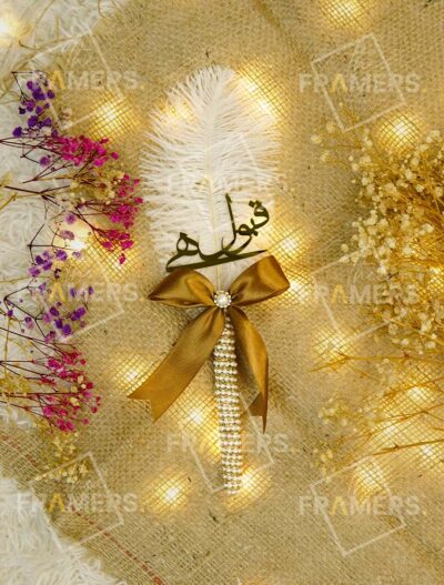 nikkah pen with white ribbon tie and feather customizable