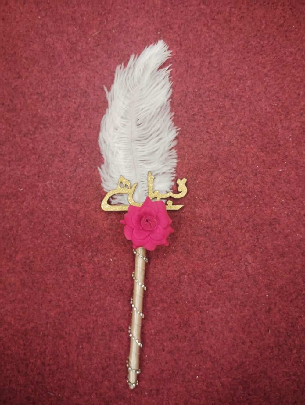 Nikkah Pen with Red Flower and Feather - Gold