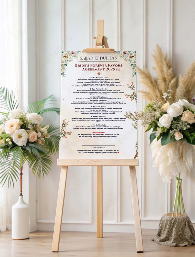 Custom "Bride's Favors" Fun Wedding Contract Board