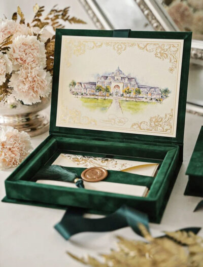 Regal Emerald Velvet Invitation Box with Custom Venue Painting