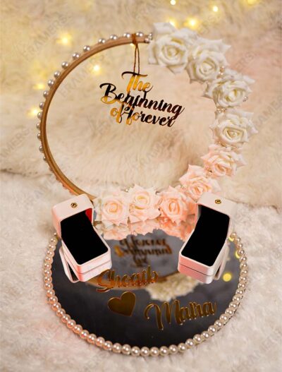 Alternate angle of "The Beginning of Forever" engagement ring platter with personalized gold names