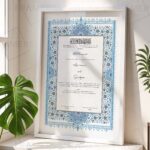 Blue and Grey Floral Nikkah Certificate with White Frame