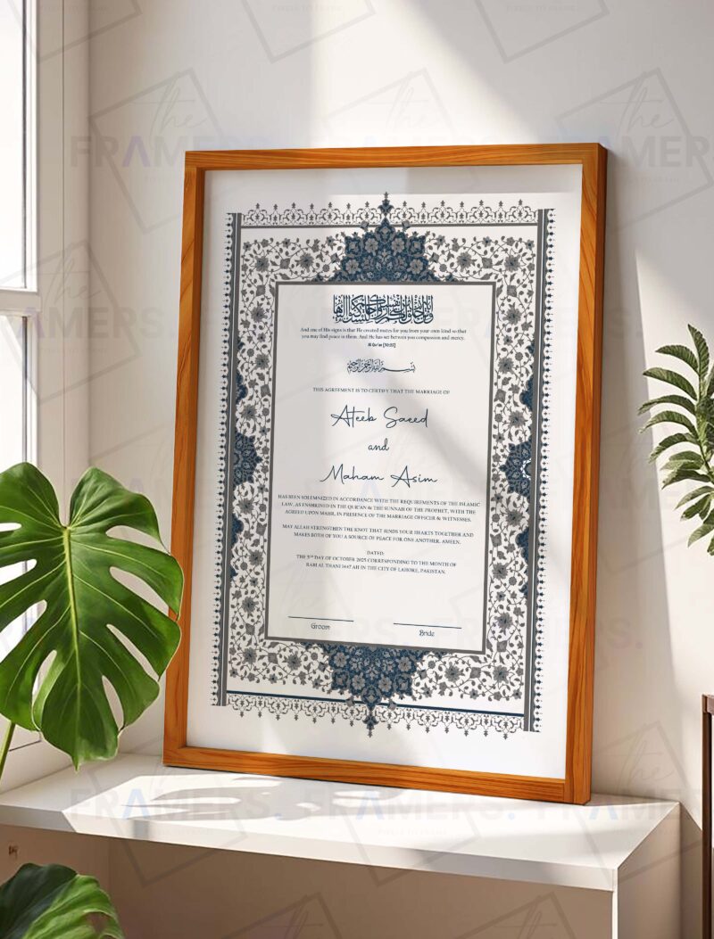 Silver and Navy Floral Nikkah Certificate with Wooden Frame