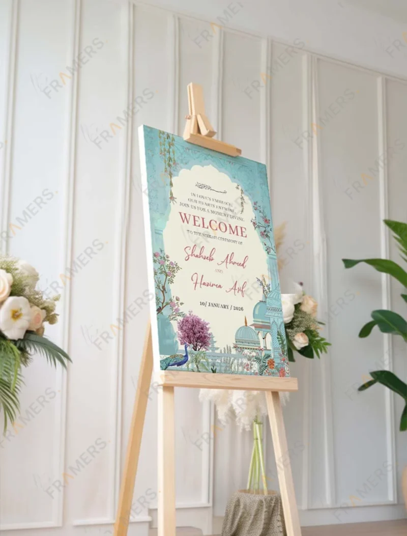 blue-mughal-garden-nikkah-welcome-board-peacock-arch-4