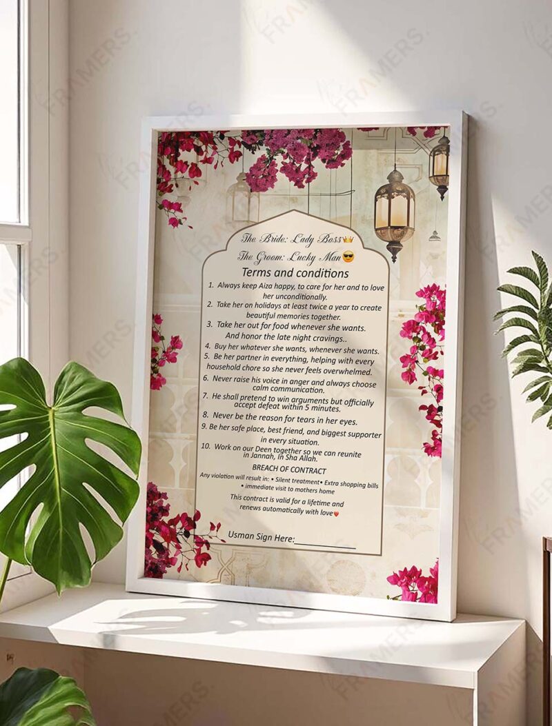 Funny wedding contract print in white wooden frame with floral border