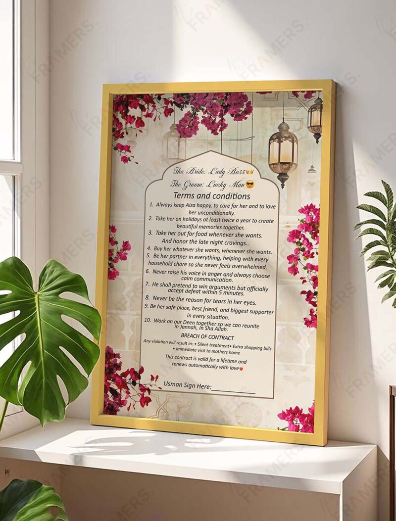Marriage contract terms and conditions frame in black wooden frame