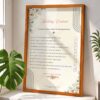 Checklist style floral wedding contract in natural wood frame with tick boxes