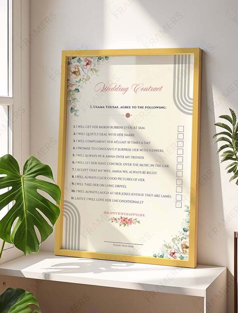 Marriage contract checklist frame in black with wildflower art