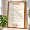 Minimal cosmos flower wedding contract in natural wood frame with clean design