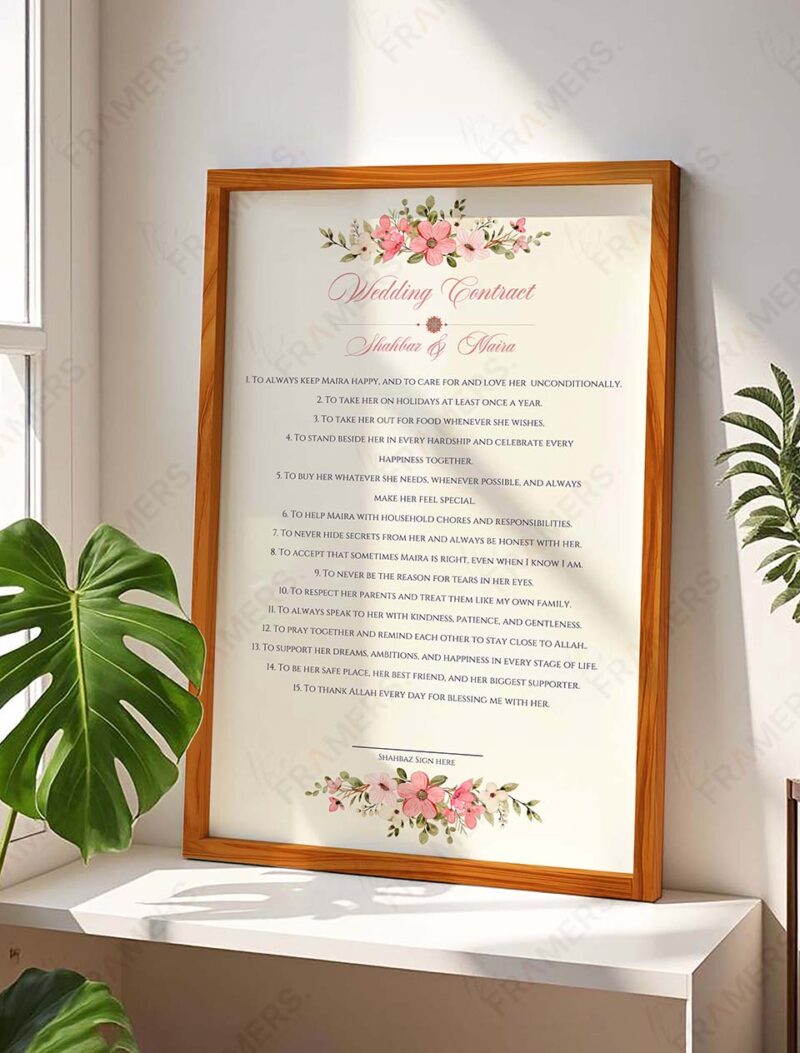 Minimal cosmos flower wedding contract in natural wood frame with clean design