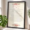 Custom marriage agreement frame in maroon with pink cosmos flowers