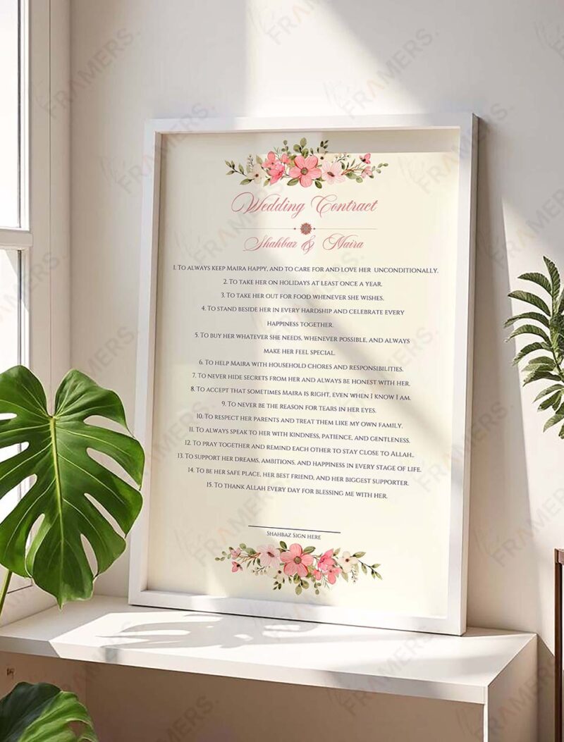 Minimalist wedding contract print in white wooden frame