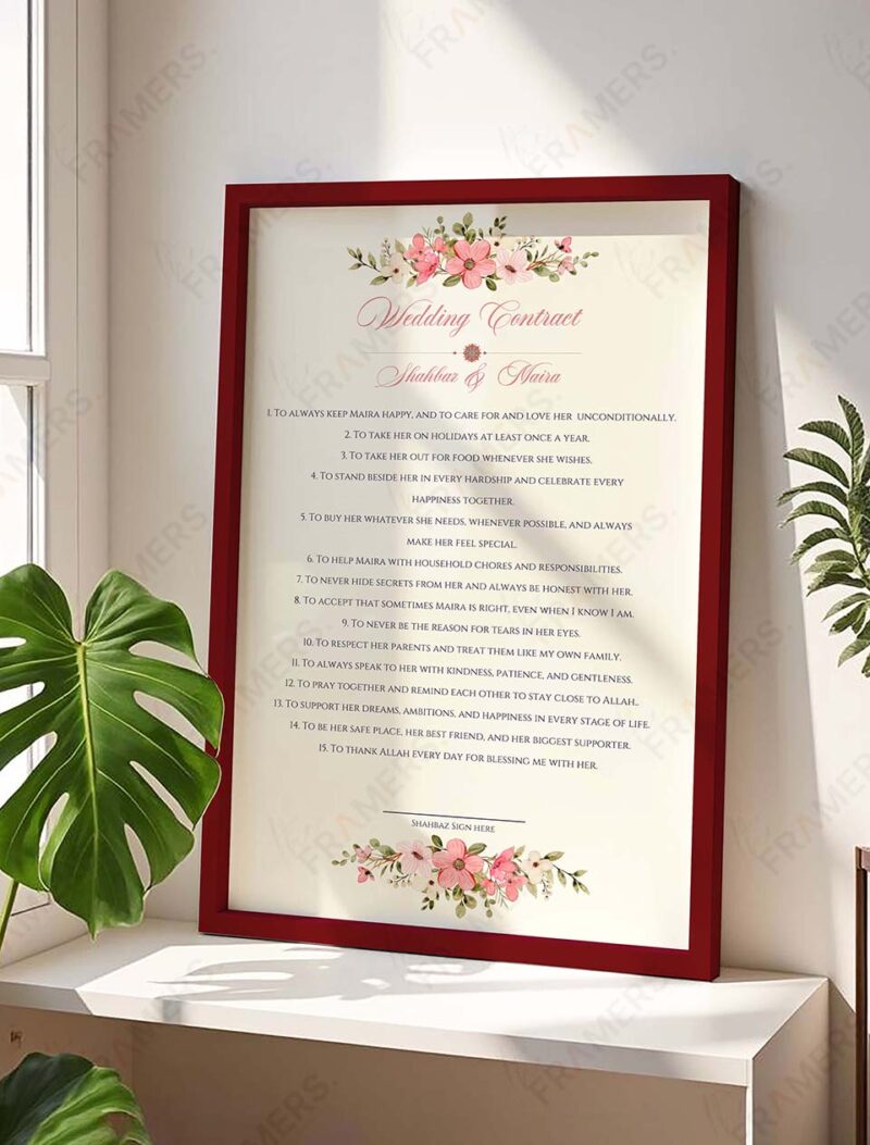 Personalized wedding contract frame in gold with modern layout