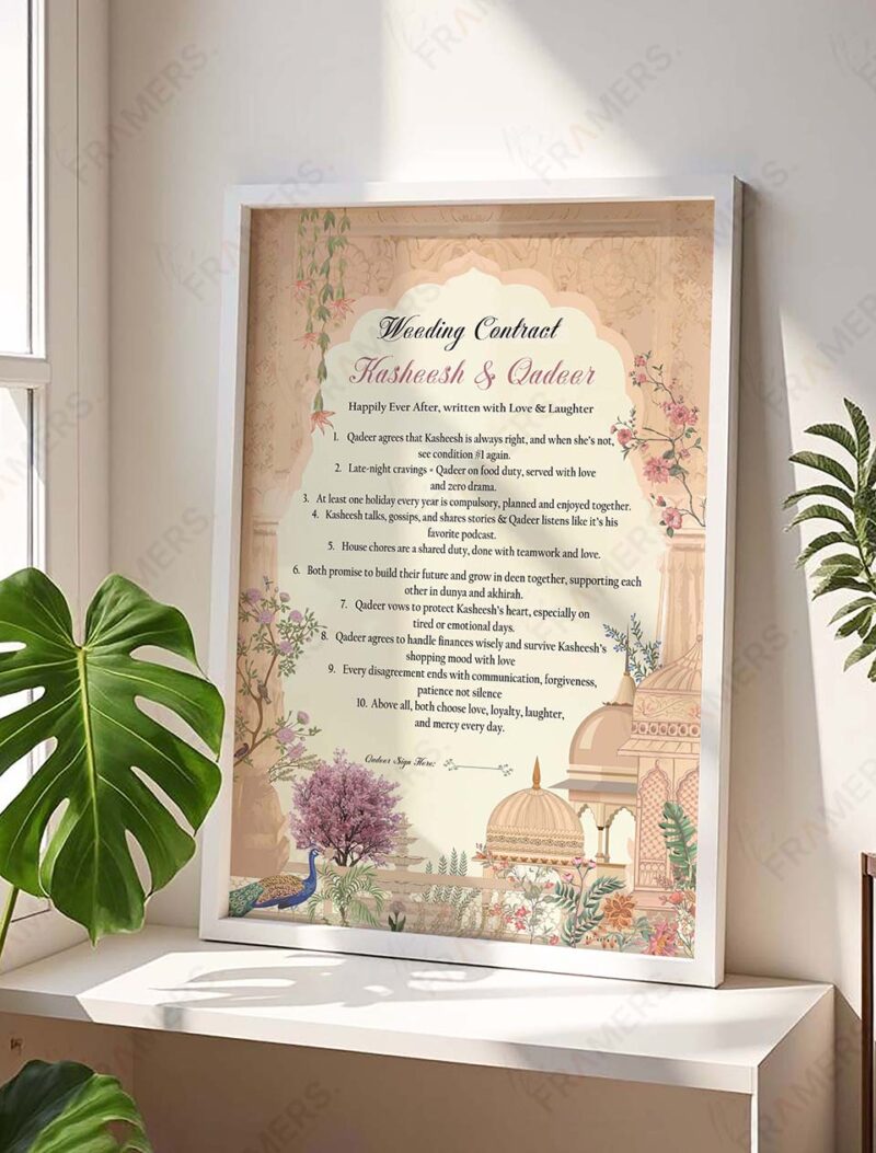 Funny wedding contract print in white wooden frame with peacock art