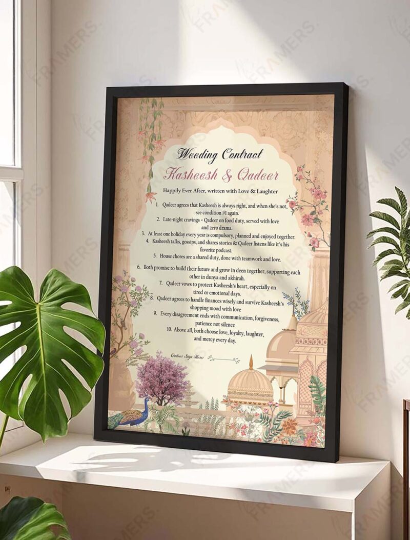 Personalized wedding contract frame in gold with Mughal architecture