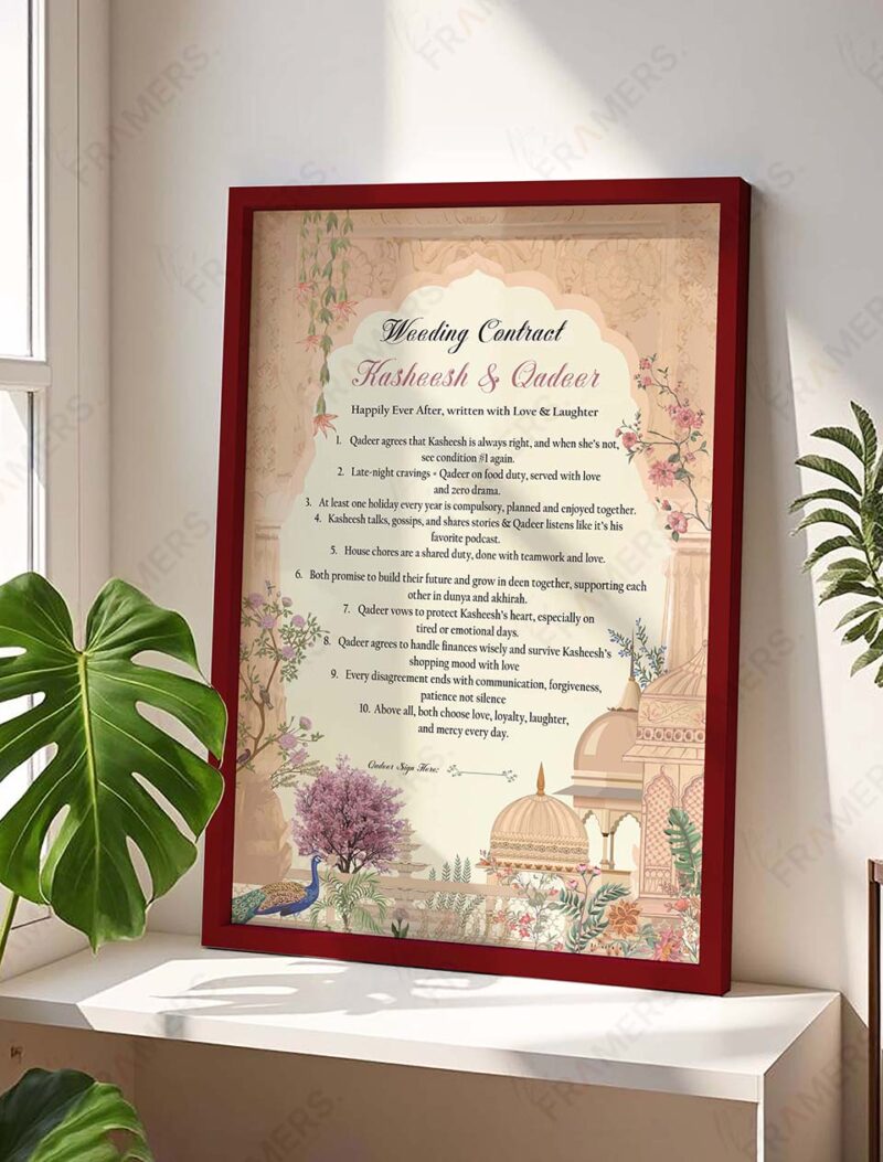 Marriage contract terms and conditions frame in natural wood