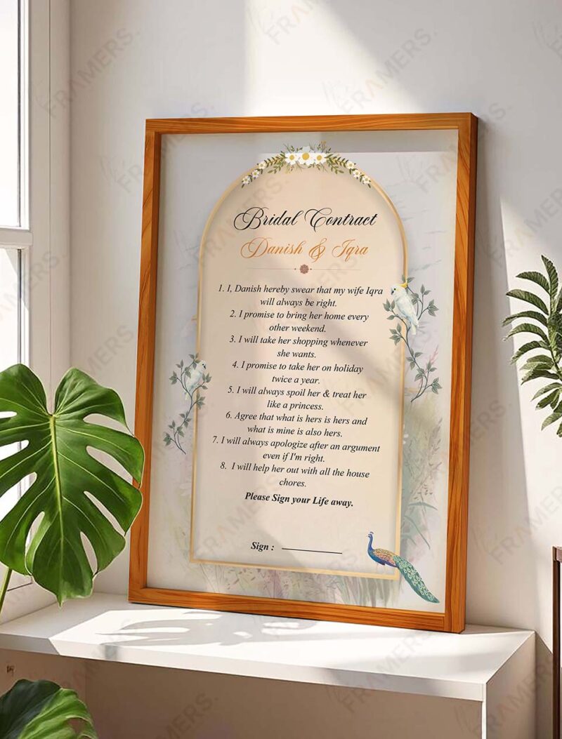 Funny bridal contract print in white wooden frame with sage green background