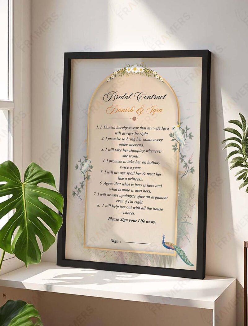 Personalized wedding contract frame in gold with Mughal archway design