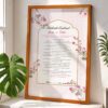 Pink floral rukhsati wedding contract in natural wood frame with Islamic pattern