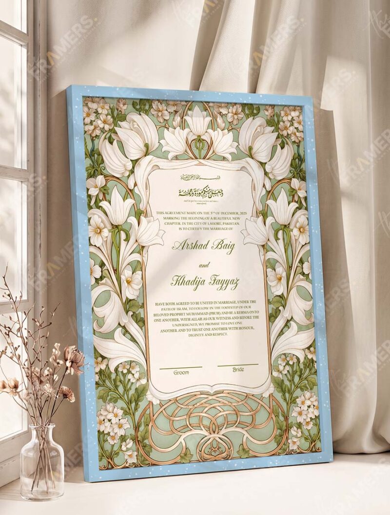 Art Nouveau Sage Lily Nikkah Certificate in ice blue frame