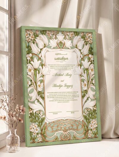 Art Nouveau Sage Lily Nikkah Certificate in olive green frame