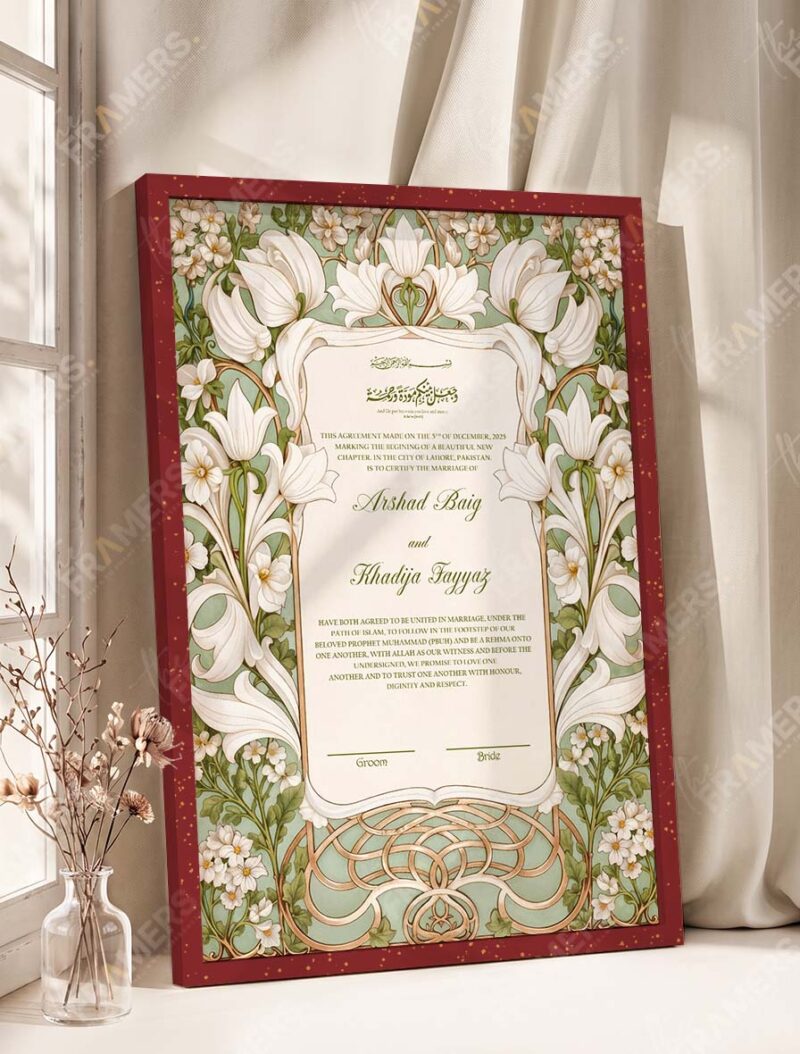 Art Nouveau Sage Lily Nikkah Certificate in royal cherry frame