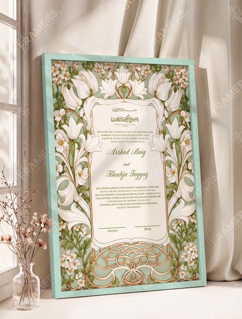Art Nouveau Sage Lily Nikkah Certificate in soft sea green frame