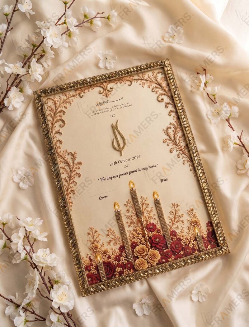 Bronze Crystal Candelabra & Monogram Nikkah Frame, standing on cream silk