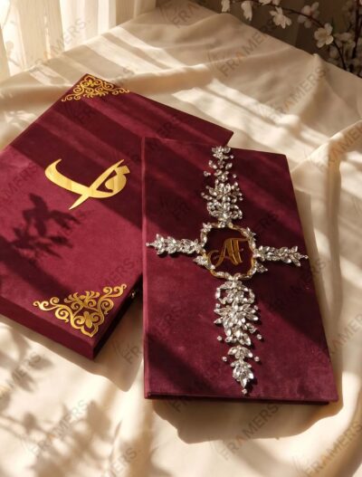Burgundy Velvet Crystal Nikkah Booklet on cream silk