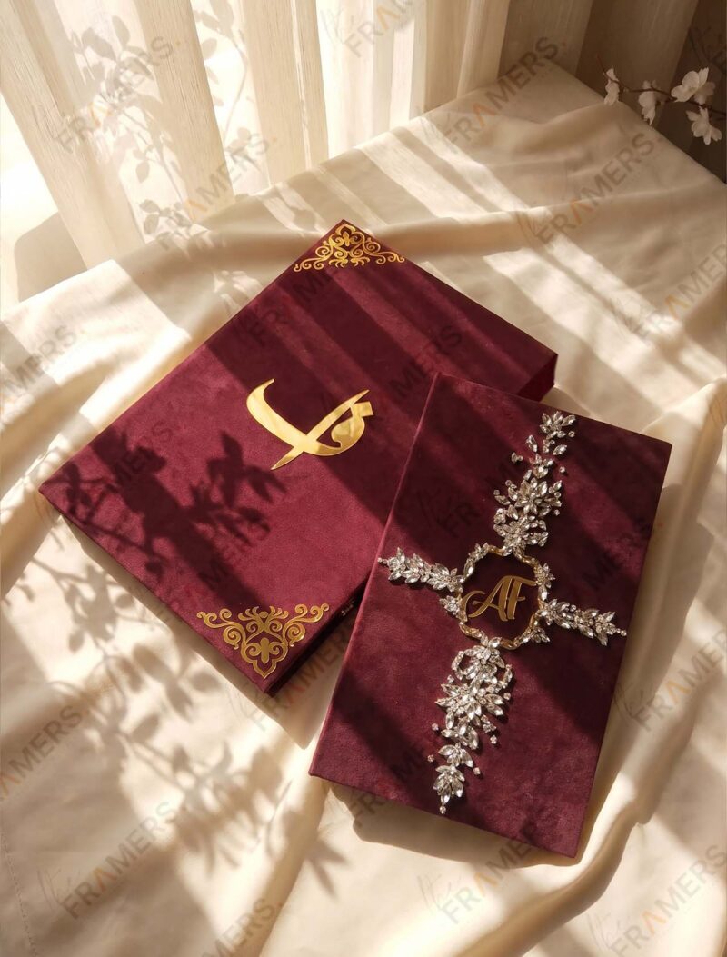 Burgundy Velvet Crystal Nikkah Booklet, side view