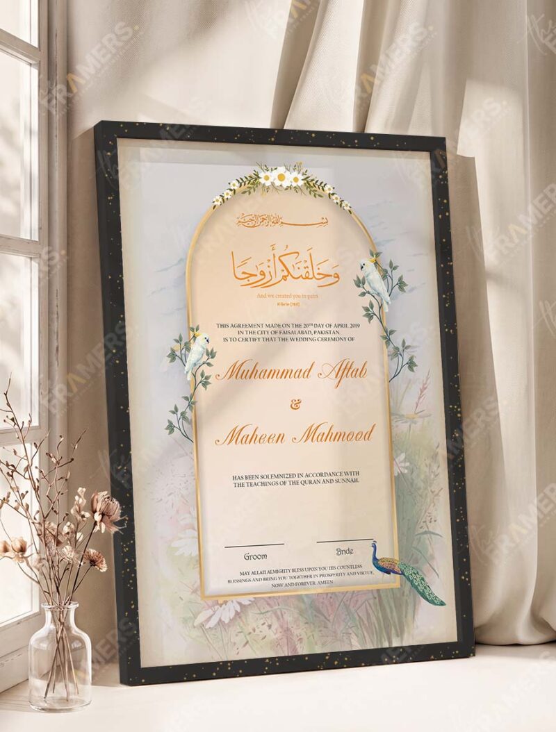 Dreamy Garden Dove and Floral Nikkah Certificate in fancy black frame