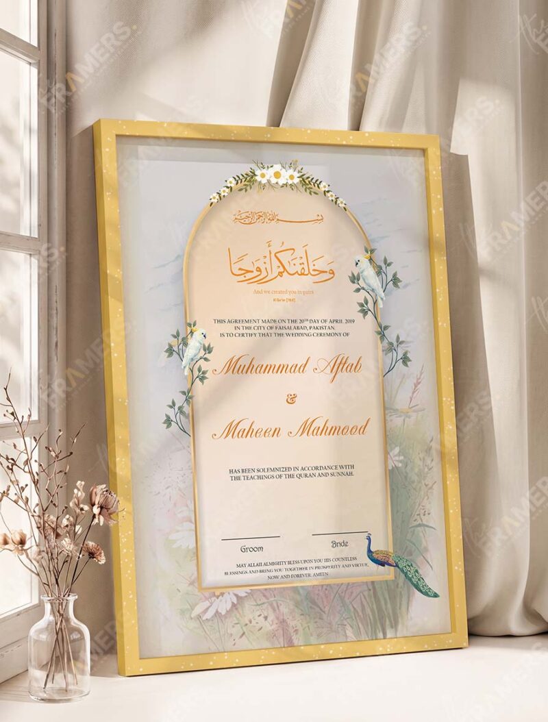 Dreamy Garden Dove and Floral Nikkah Certificate in fancy golden frame