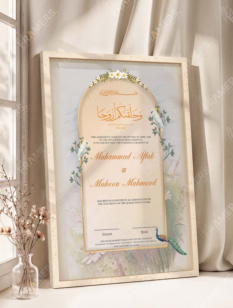 Dreamy Garden Dove and Floral Nikkah Certificate in fancy off white frame