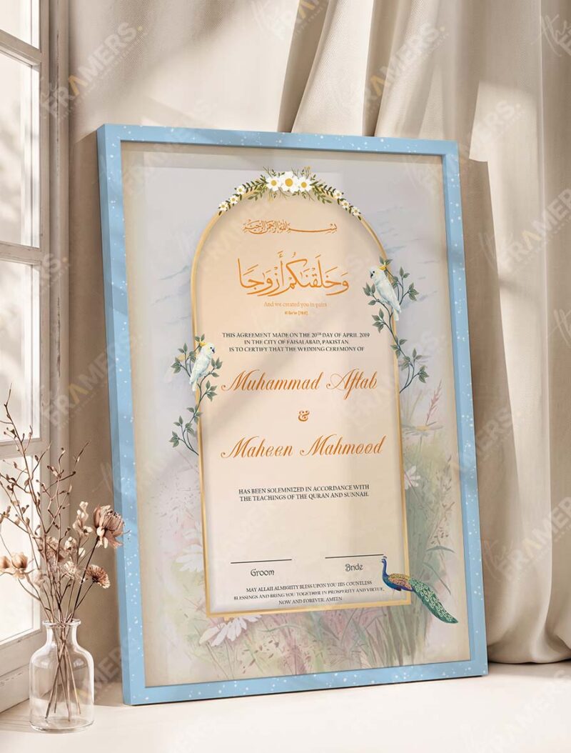 Dreamy Garden Dove and Floral Nikkah Certificate in ice blue frame