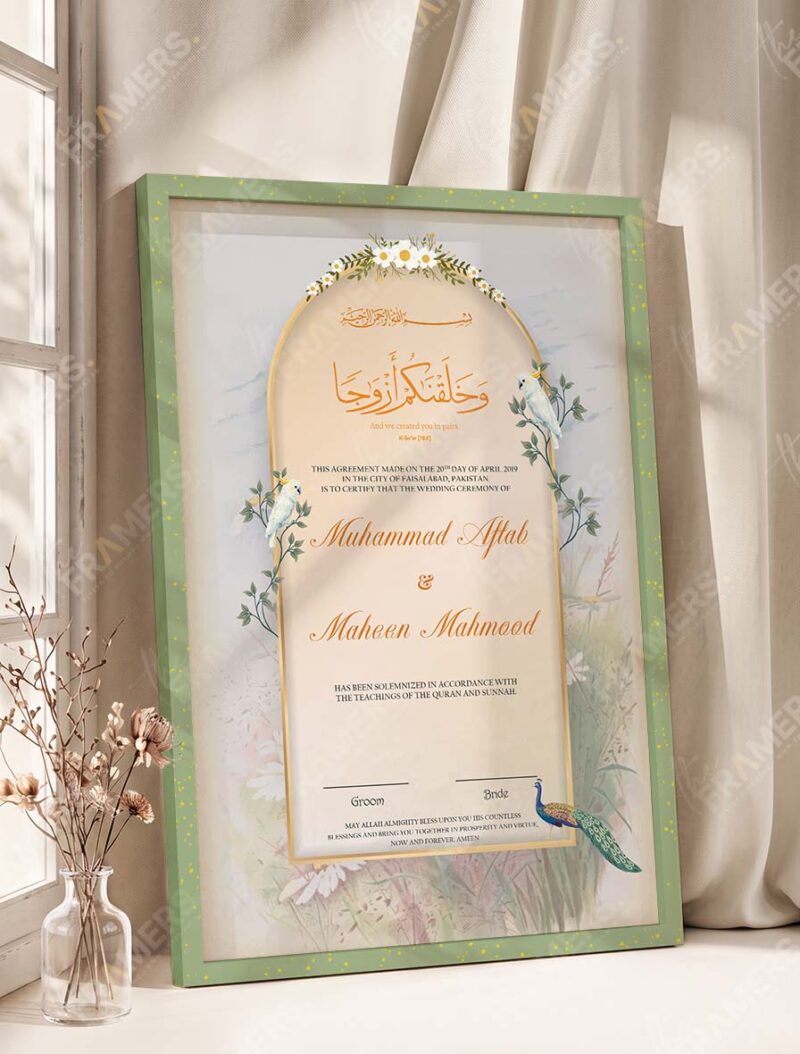 Dreamy Garden Dove and Floral Nikkah Certificate in olive green frame