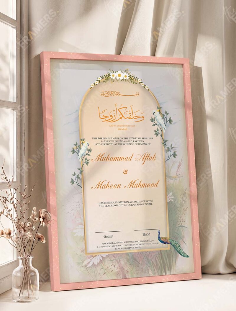 Dreamy Garden Dove and Floral Nikkah Certificate in peach pink frame