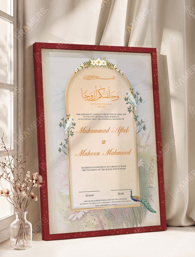 Dreamy Garden Dove and Floral Nikkah Certificate in royal cherry frame
