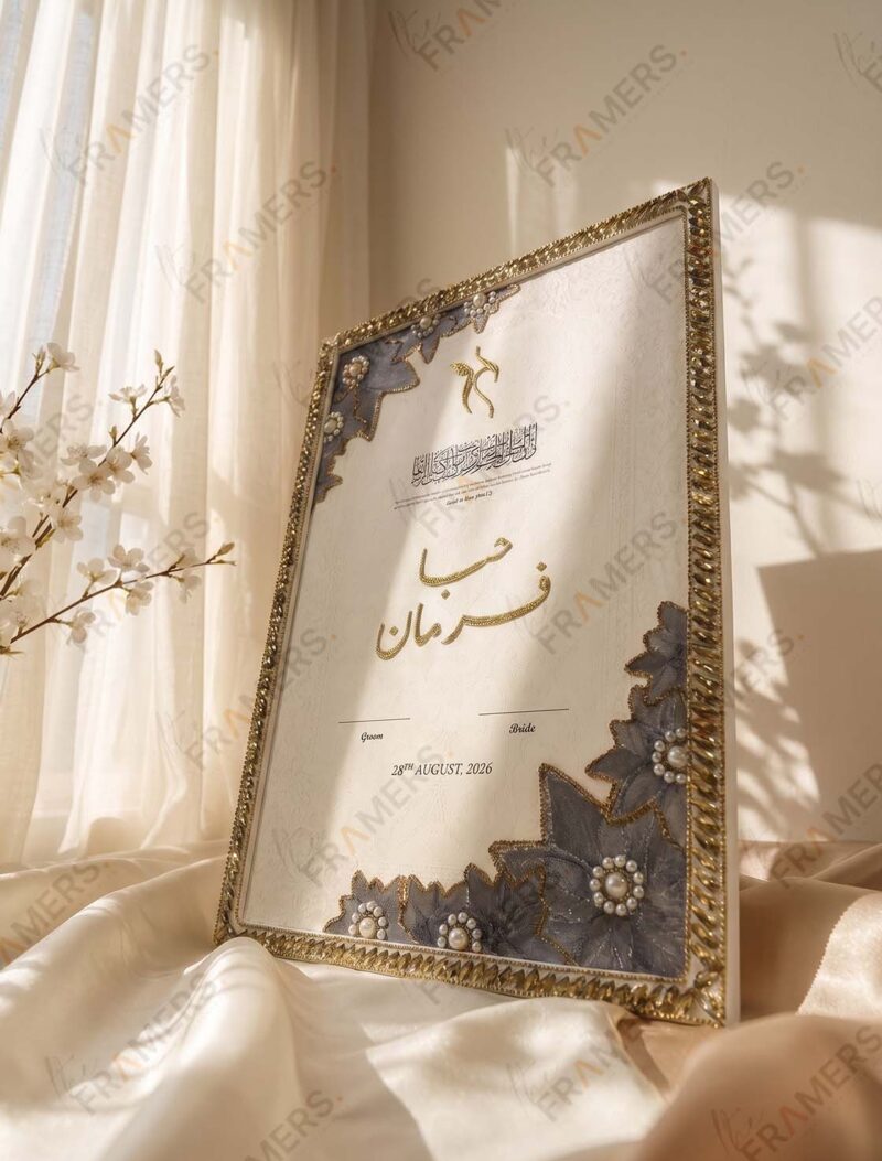 Gold Crystal Nikkah Frame with Slate Blue Organza Florals, angled view