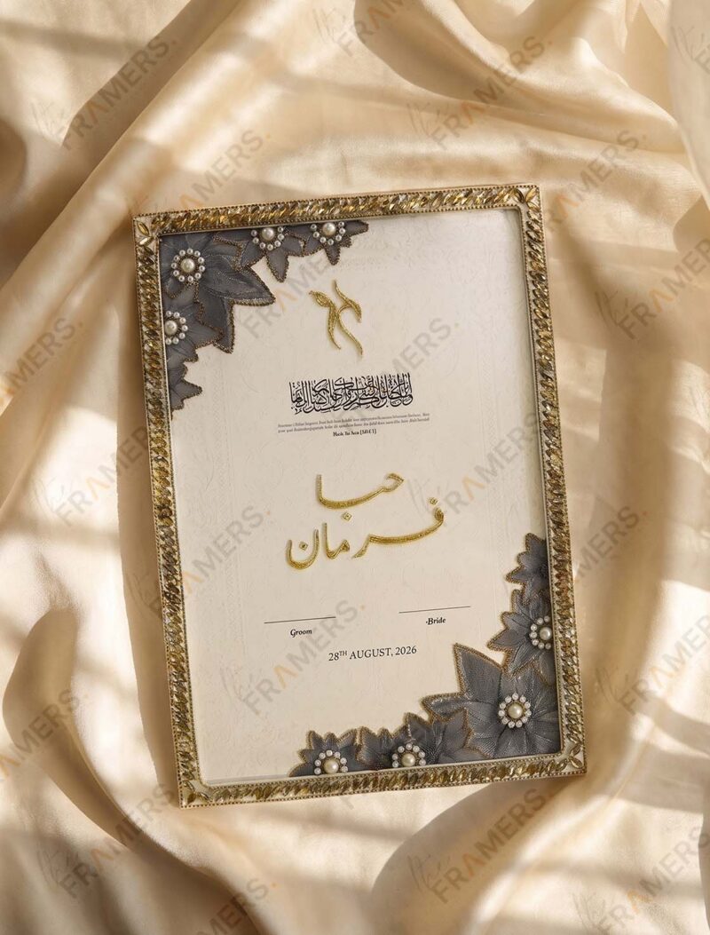 Gold Crystal Nikkah Frame with Slate Blue Organza Florals, side view