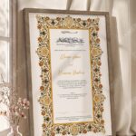 Gold Illuminated Jewel Border Nikkah Certificate in warm brown wooden frame