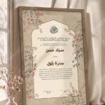 Islamic Geometric Lattice and Floral Nikkah Certificate in brown frame