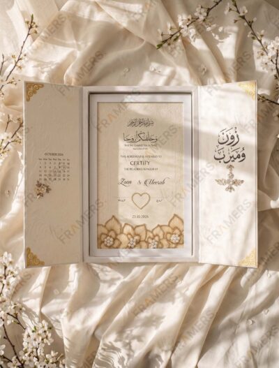 Ivory Gatefold Nikkah Booklet with Feather Pen on cream silk
