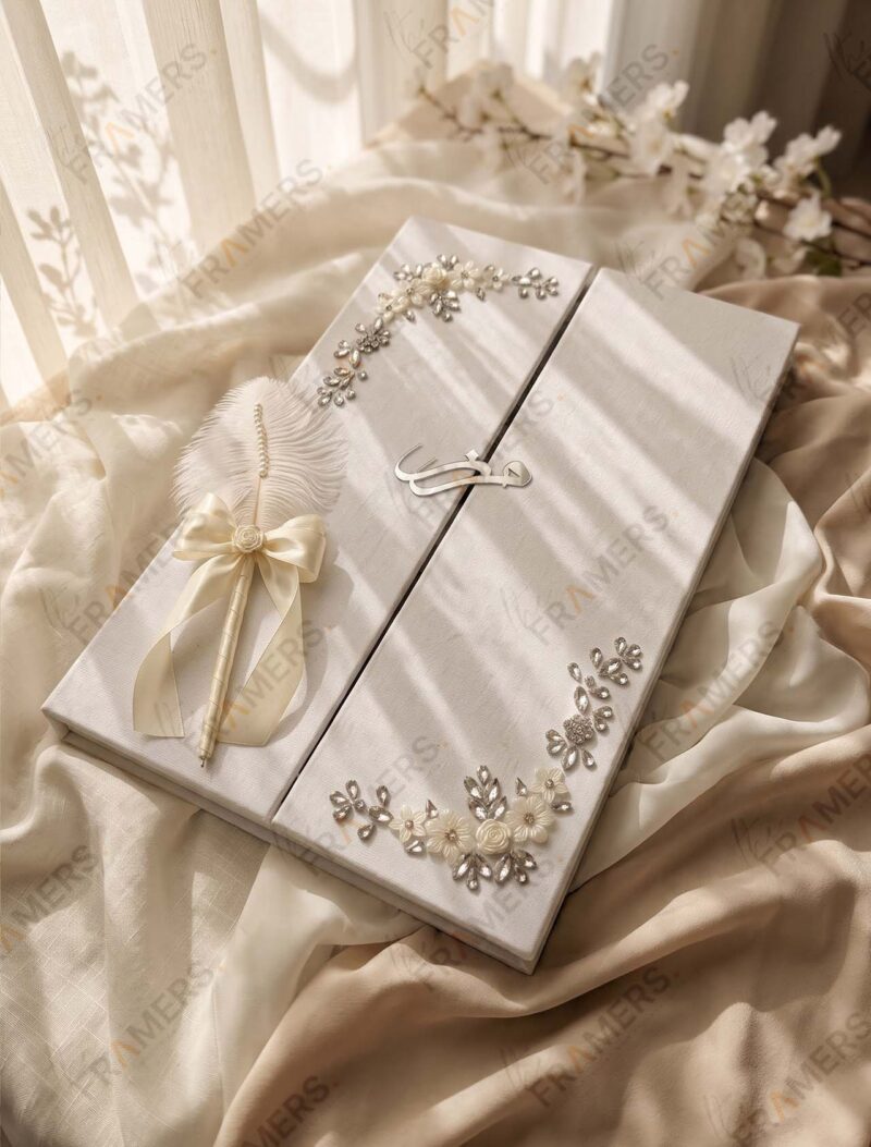Ivory Gatefold Nikkah Booklet with Feather Pen, angled view