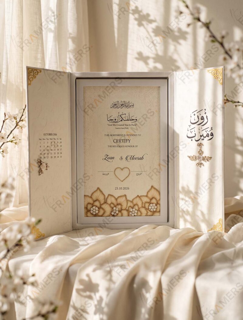 Ivory Gatefold Nikkah Booklet with Feather Pen, side view