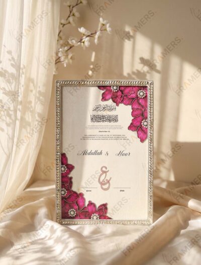 Carved Crystal Nikkah Frame with Magenta Silk Florals, standing on cream silk